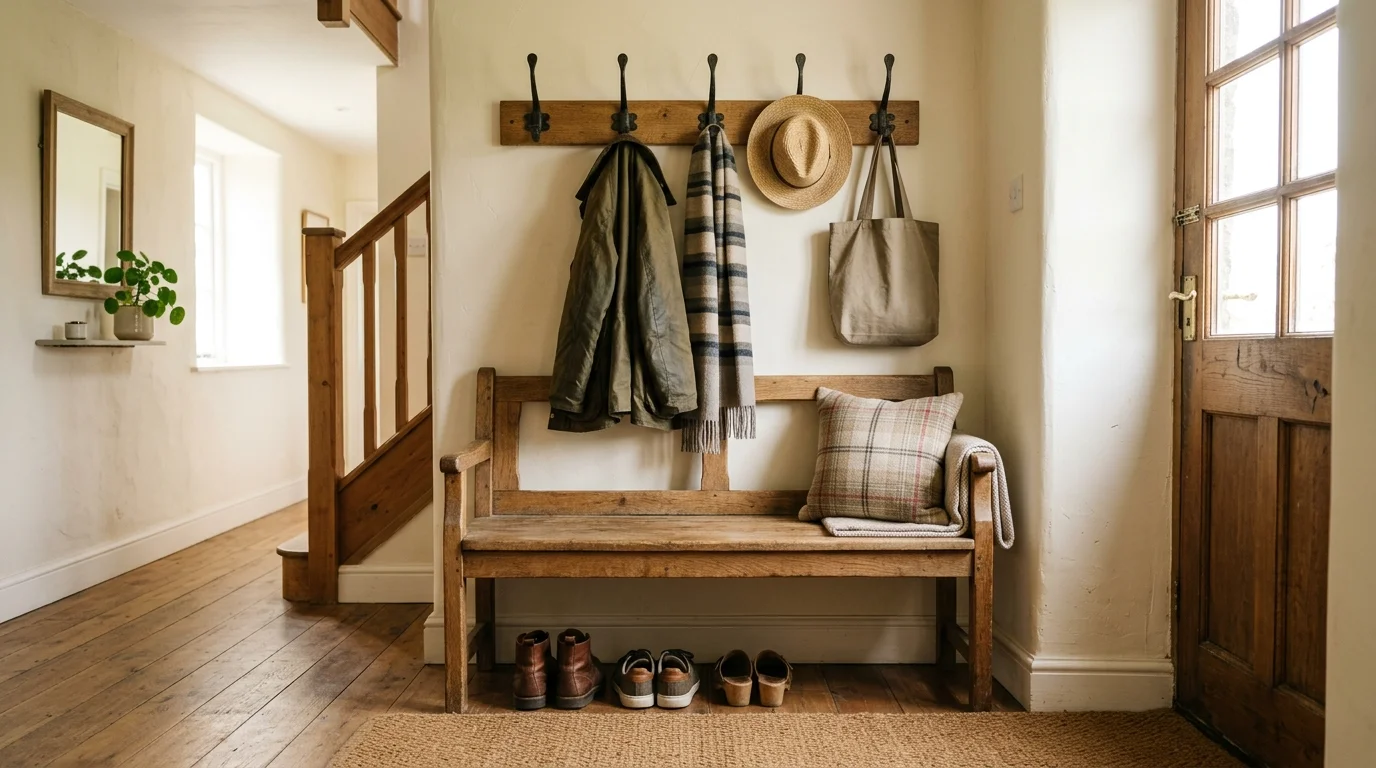 A simple entryway with a wooden bench and hooks above for hanging items bright natural light practical rustic setup no people