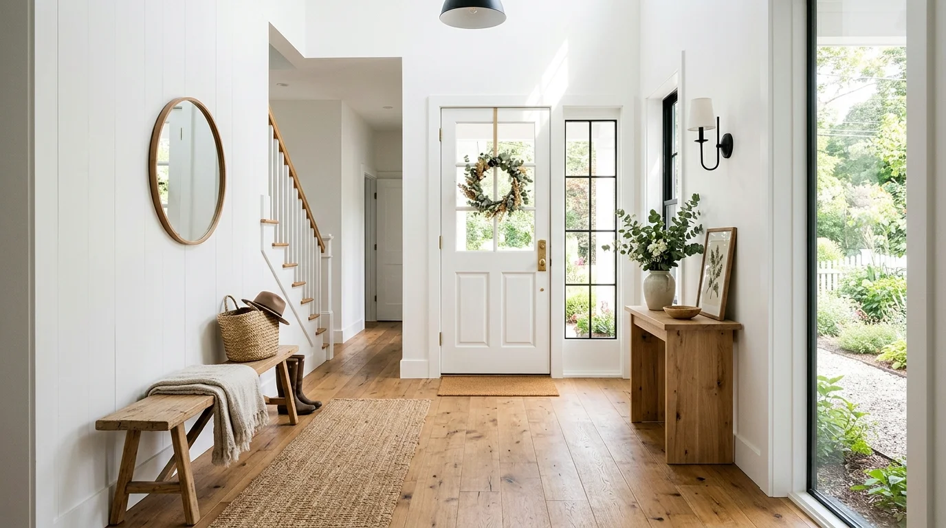 A bright entry with white walls wooden flooring and minimal decor bright natural daylight clean farmhouse look no people