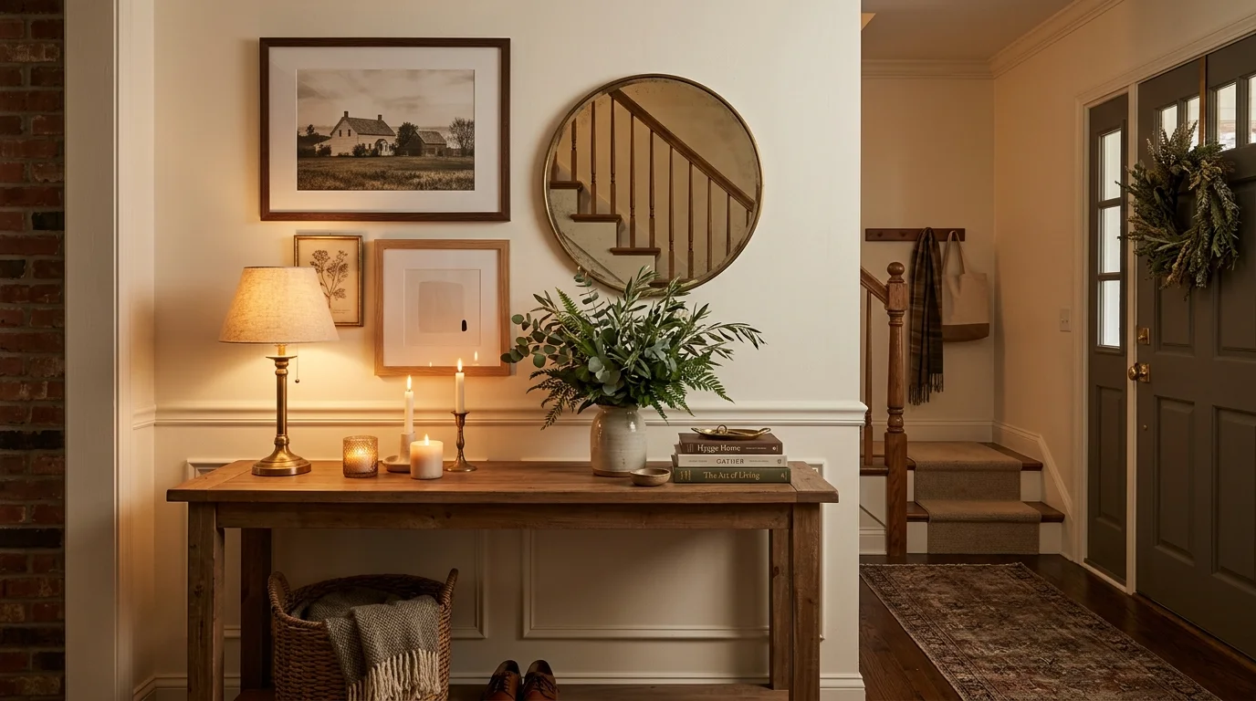 An entryway with a console table styled with candles greenery and framed art warm soft lighting cozy welcoming atmosphere no people