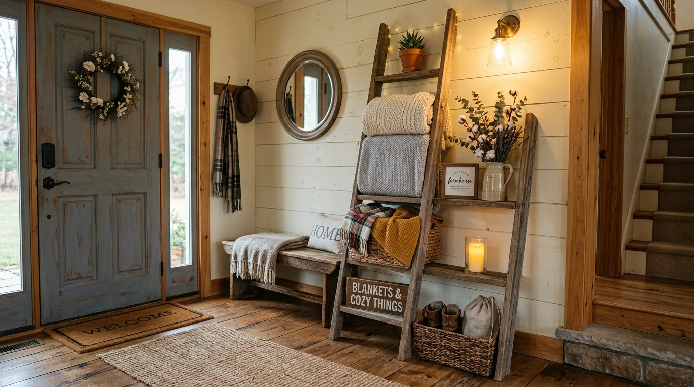 A rustic entry with a ladder shelf holding blankets and decor items warm lighting charming farmhouse touch no people