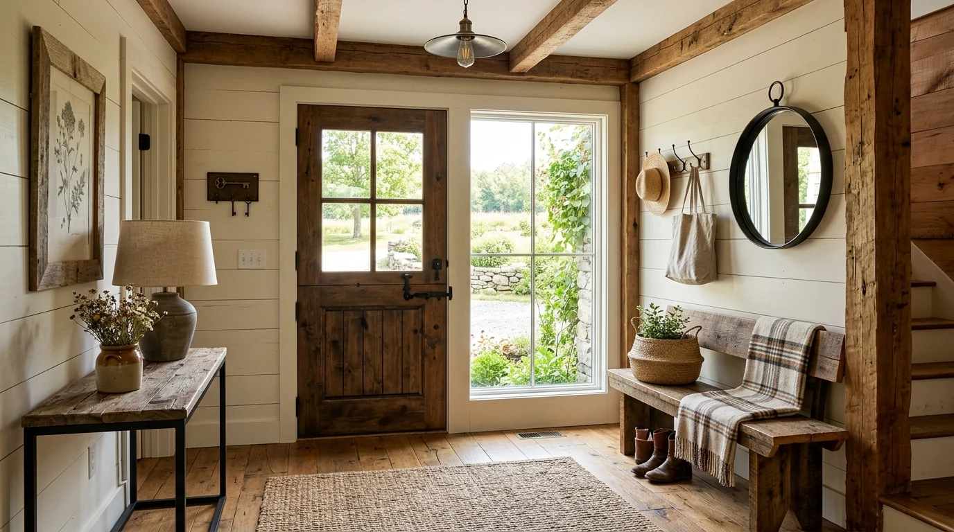 A farmhouse entry with a mix of textures including wood metal and woven elements bright natural light balanced rustic design no people