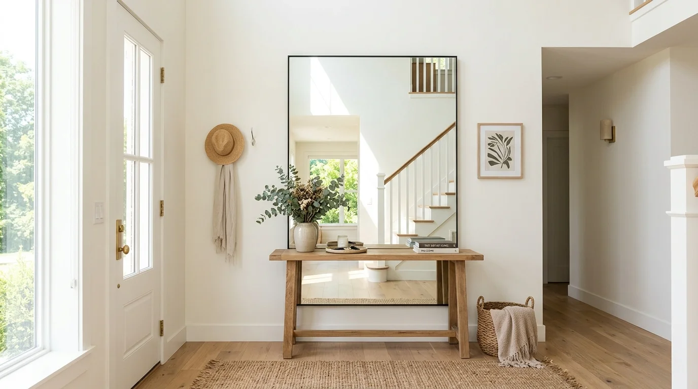An entryway with a large mirror reflecting light paired with simple decor bright natural daylight airy welcoming space no people