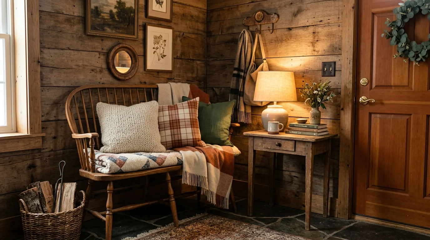 A cozy entry corner with a wooden chair layered with cushions and a small table warm lighting inviting farmhouse nook no people