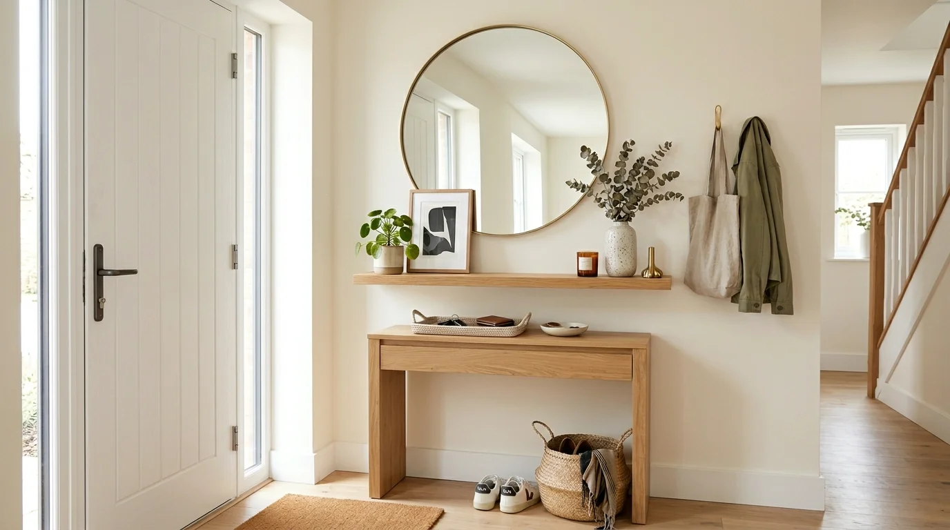 A compact entryway with a floating shelf holding decor items and a small plant paired with a round mirror bright lighting minimal modern look no people
