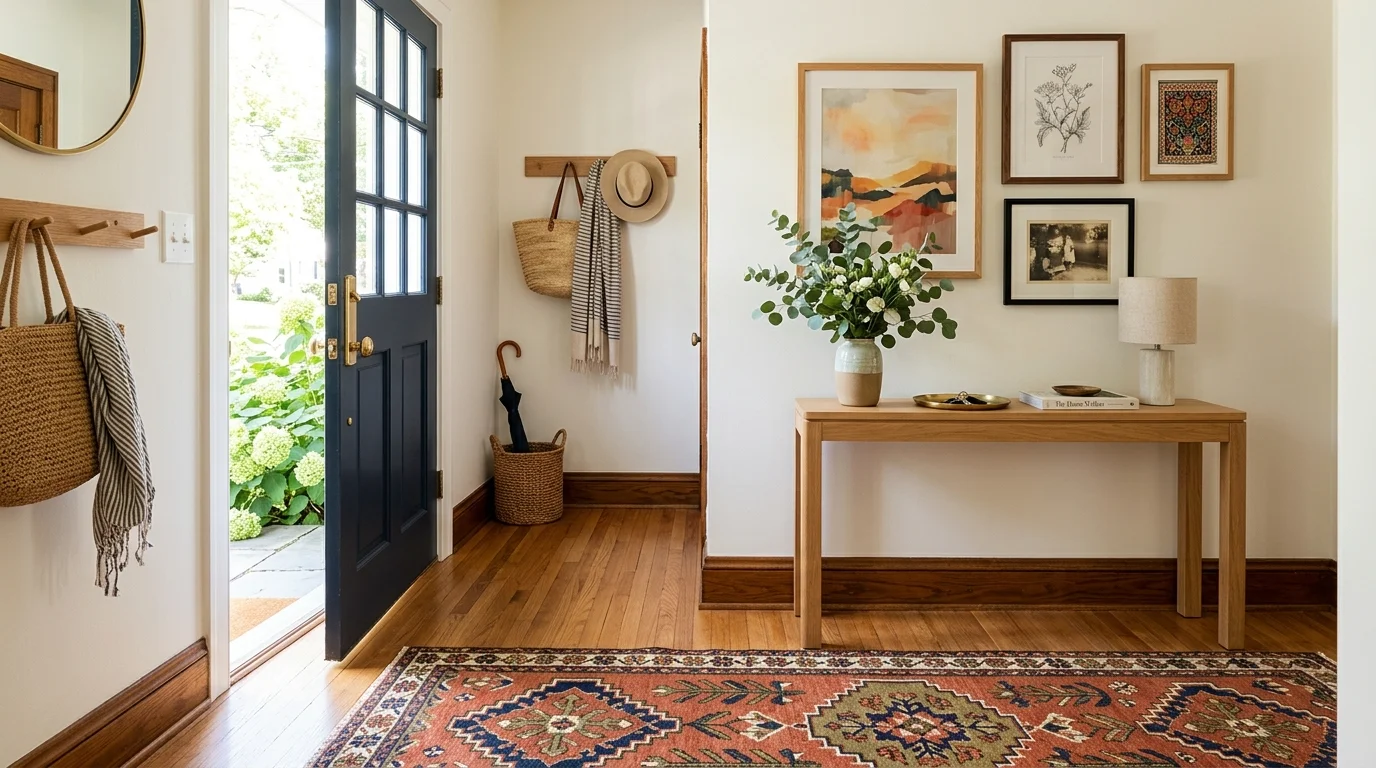 A small entryway with a patterned rug a simple console table and framed artwork on the wall bright natural light stylish inviting space no people