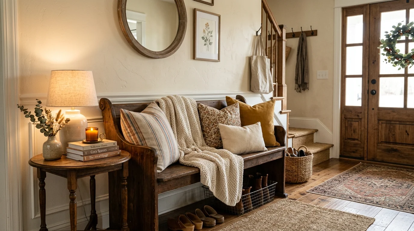 A cozy entry corner with a bench layered with cushions and a throw blanket next to a small side table with decor soft lighting warm welcoming feel no people