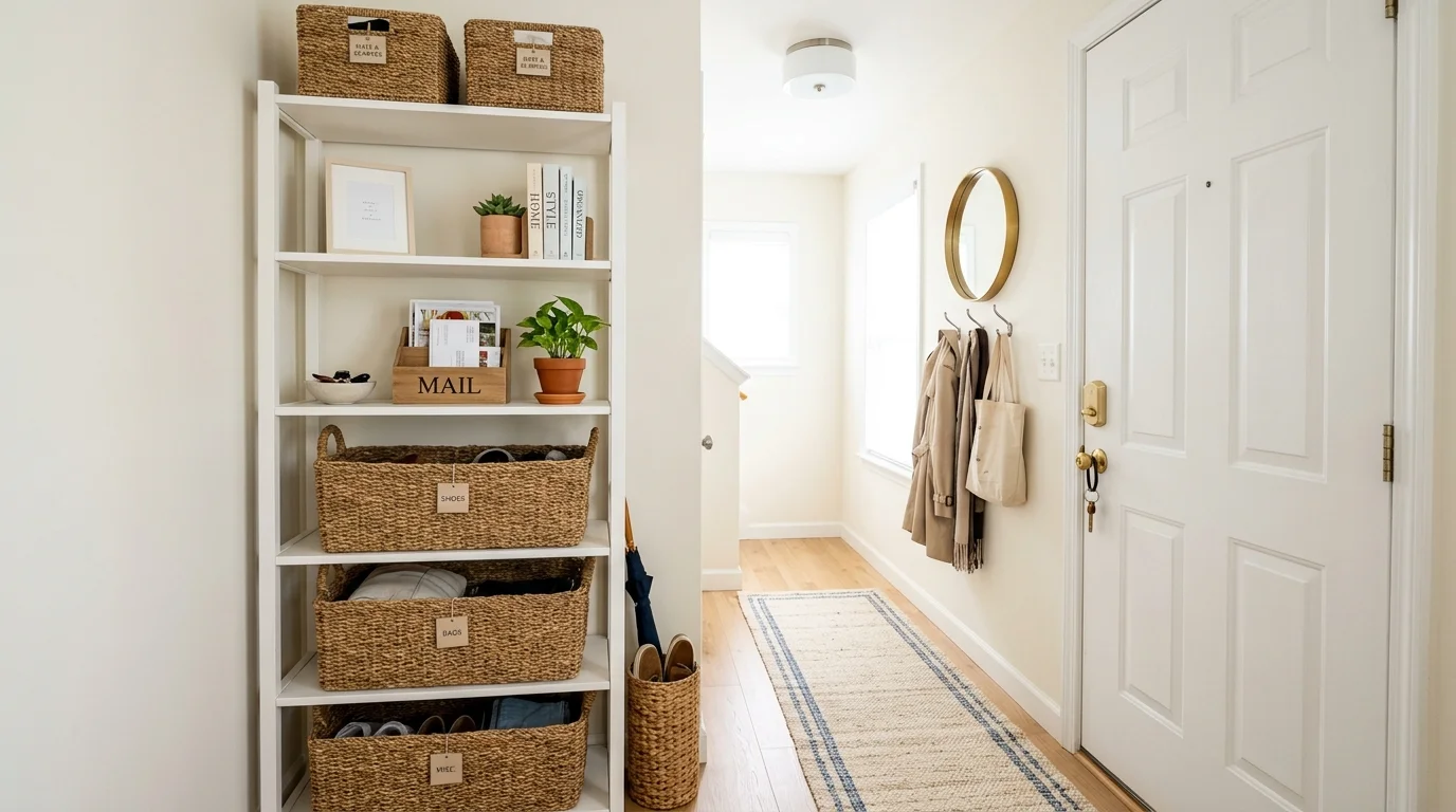 An entryway with vertical storage using a tall shelf unit filled with baskets and decor bright lighting efficient use of limited space no people