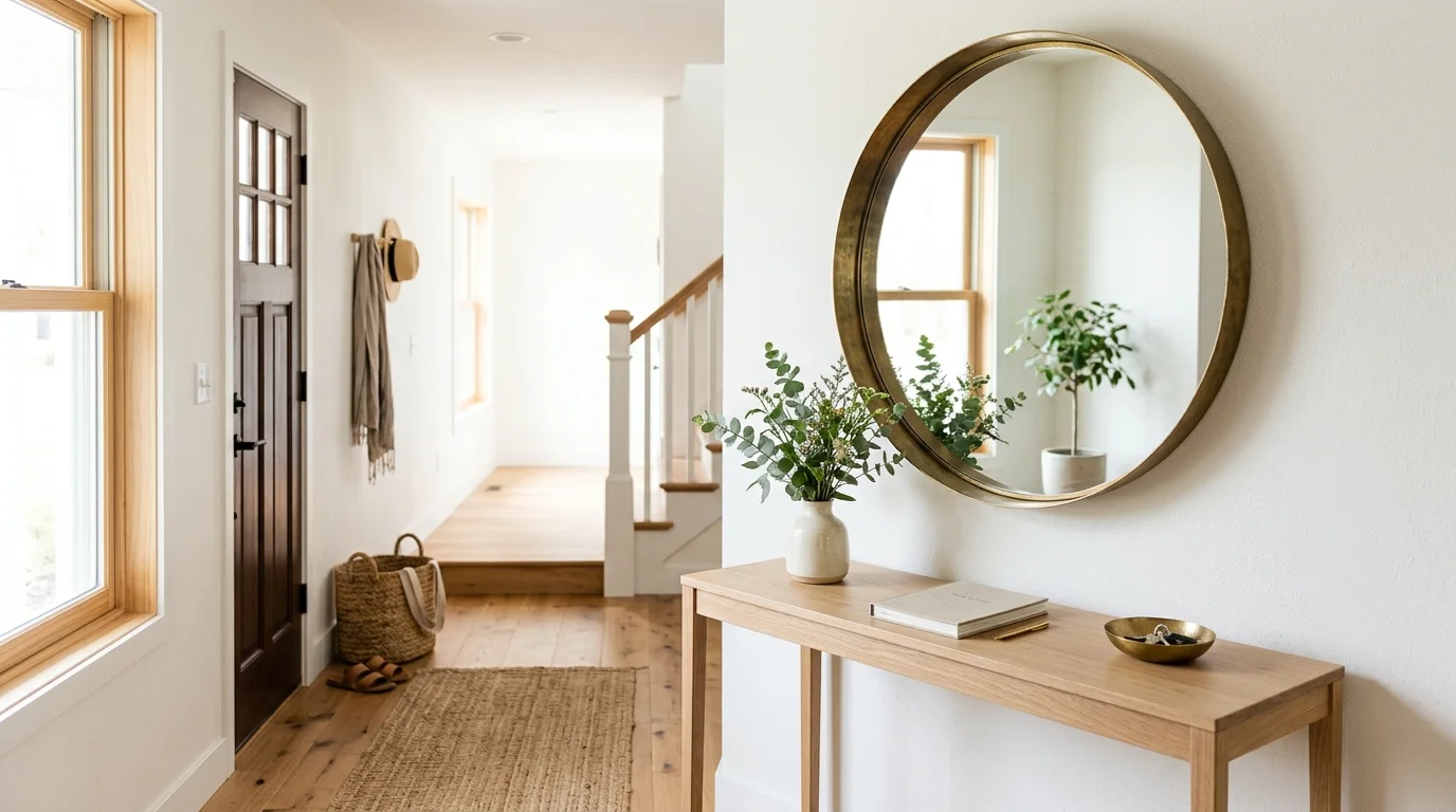 A small entryway with a statement mirror reflecting light paired with a simple table and minimal decor bright natural daylight airy open feel no people