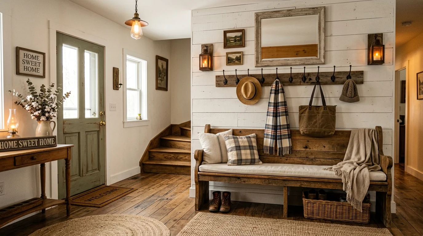 A farmhouse style entryway with a wooden bench hooks and rustic decor elements warm soft lighting charming welcoming vibe no people