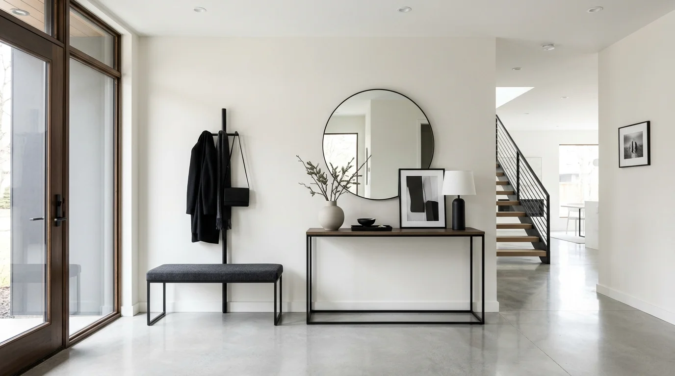 A modern entryway with sleek furniture clean lines and monochrome decor bright lighting sophisticated minimal design no people