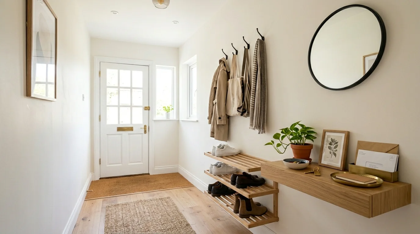 A small entryway with a wall mounted shoe rack and a compact console table bright lighting practical organized layout no people