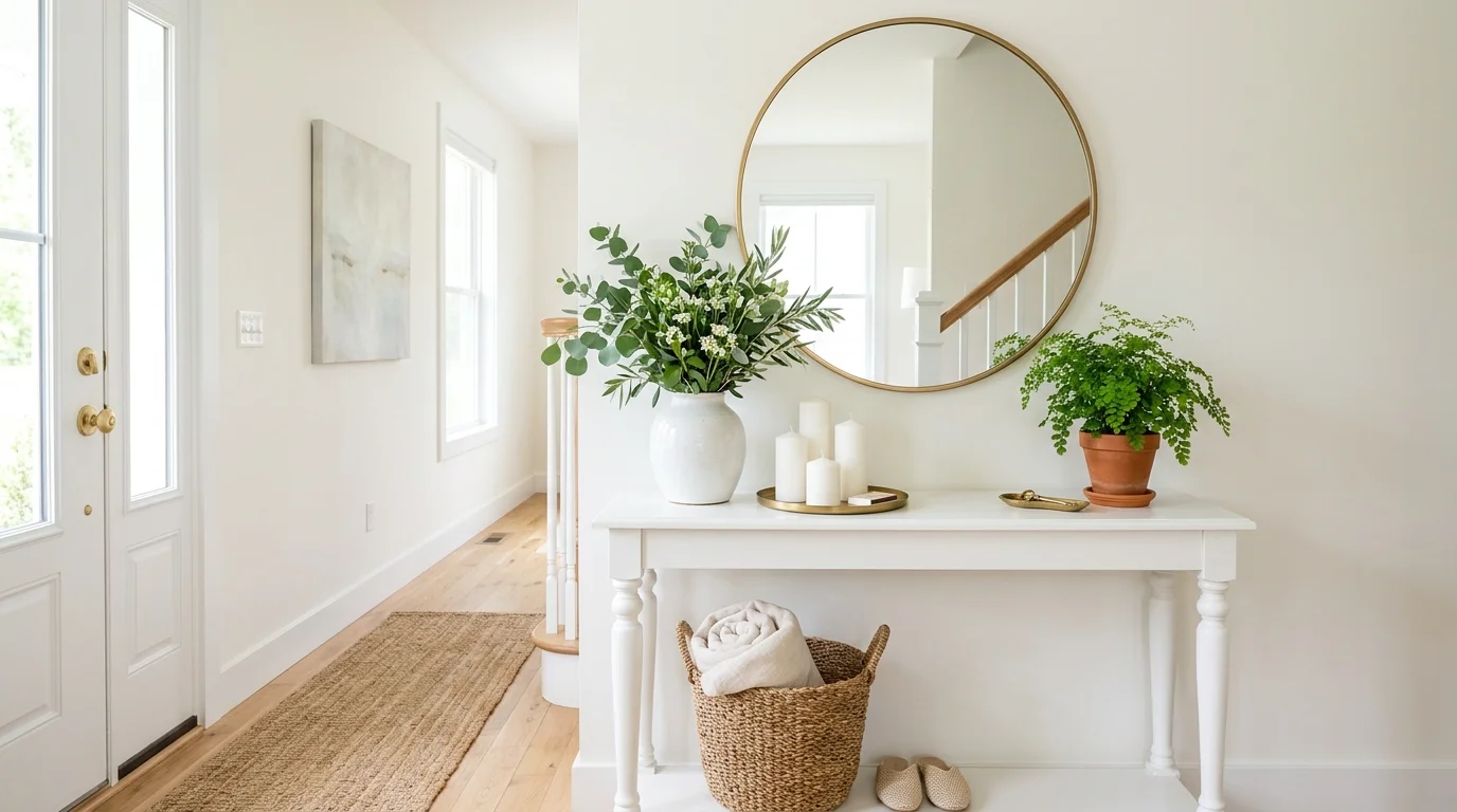 A bright entryway with a white console table decorated with greenery candles and a mirror bright natural light fresh inviting look no people