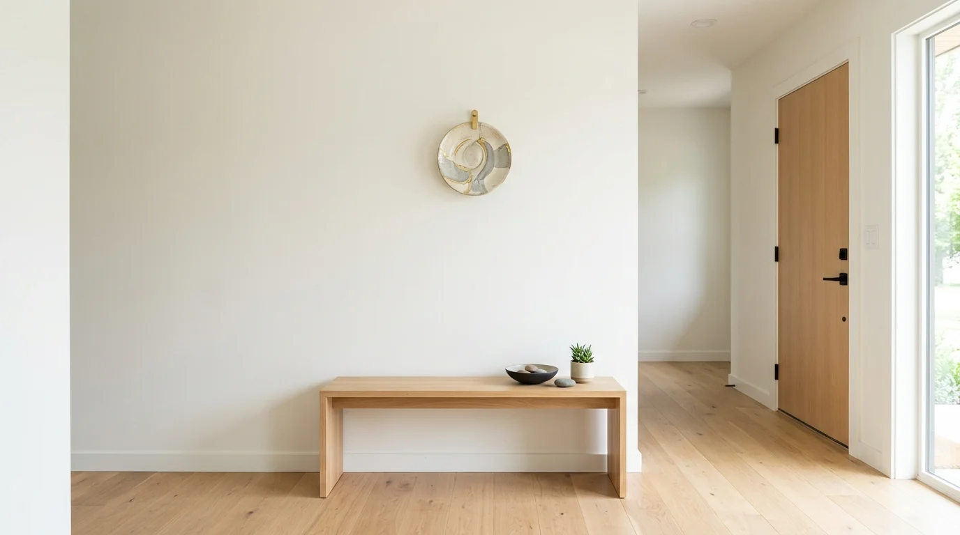 A minimalist entryway with a single bench and a small decorative piece on the wall bright lighting clean uncluttered welcoming space no people