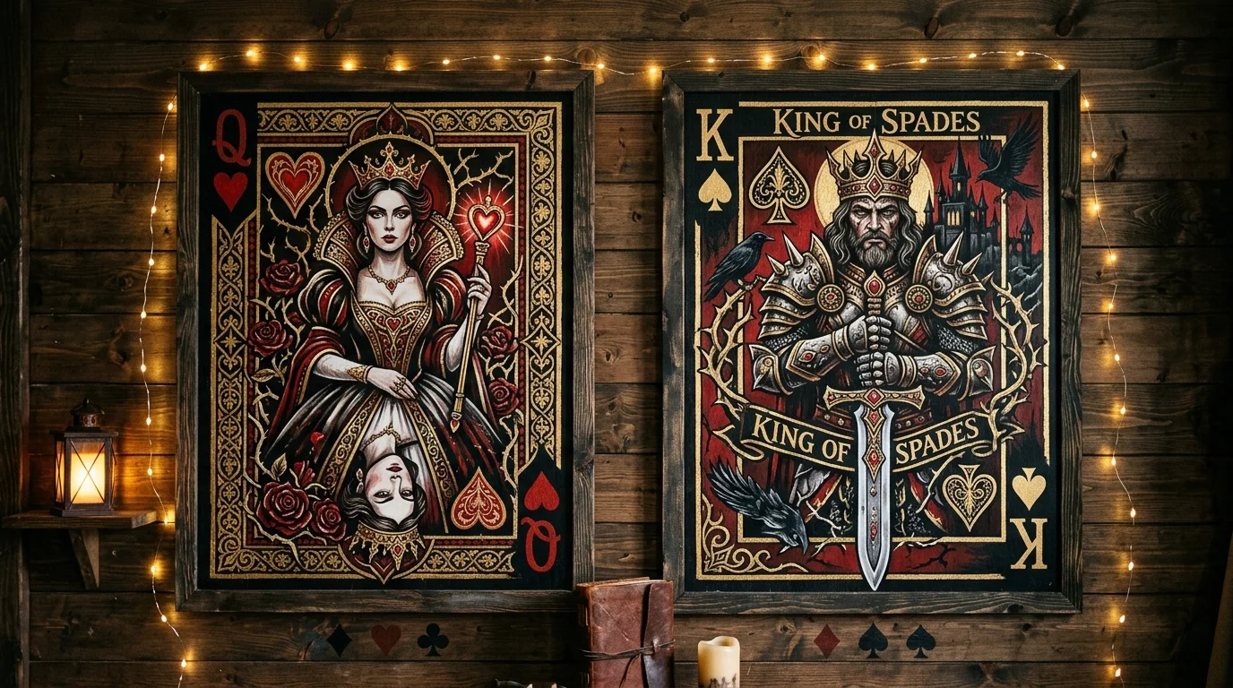 A DIY giant playing card wall display with exaggerated Queen and King cards, black red and white palette, gold accents, dramatic fantasy styling, soft glowing fairy lights, straight-on shot, no people