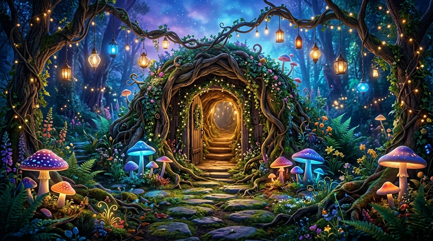 A magical garden entrance styled like a rabbit hole doorway, twisted vines, oversized mushrooms, glowing lanterns, dreamy blue and purple lighting, fairytale atmosphere, wide-angle perspective, no people