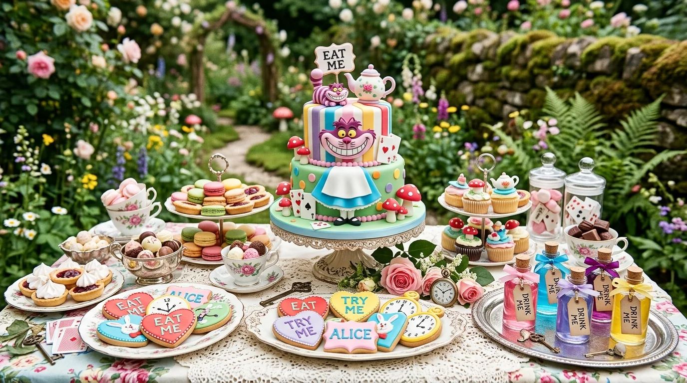 A whimsical dessert table with “Eat Me” cookies and “Drink Me” potion bottles, colorful sweets, layered cake centerpiece, surreal Wonderland theme, soft diffused lighting, close-up shot, no people