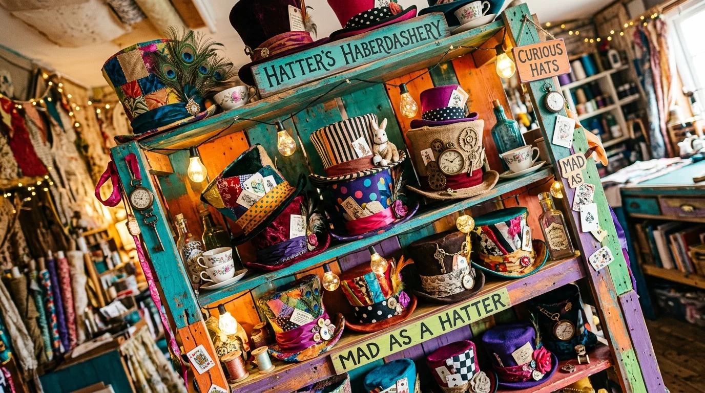 A DIY Mad Hatter hat display stand featuring eccentric hats in bright patterns, stacked creatively on shelves, quirky decor elements, vibrant tones, playful lighting, angled composition, no people