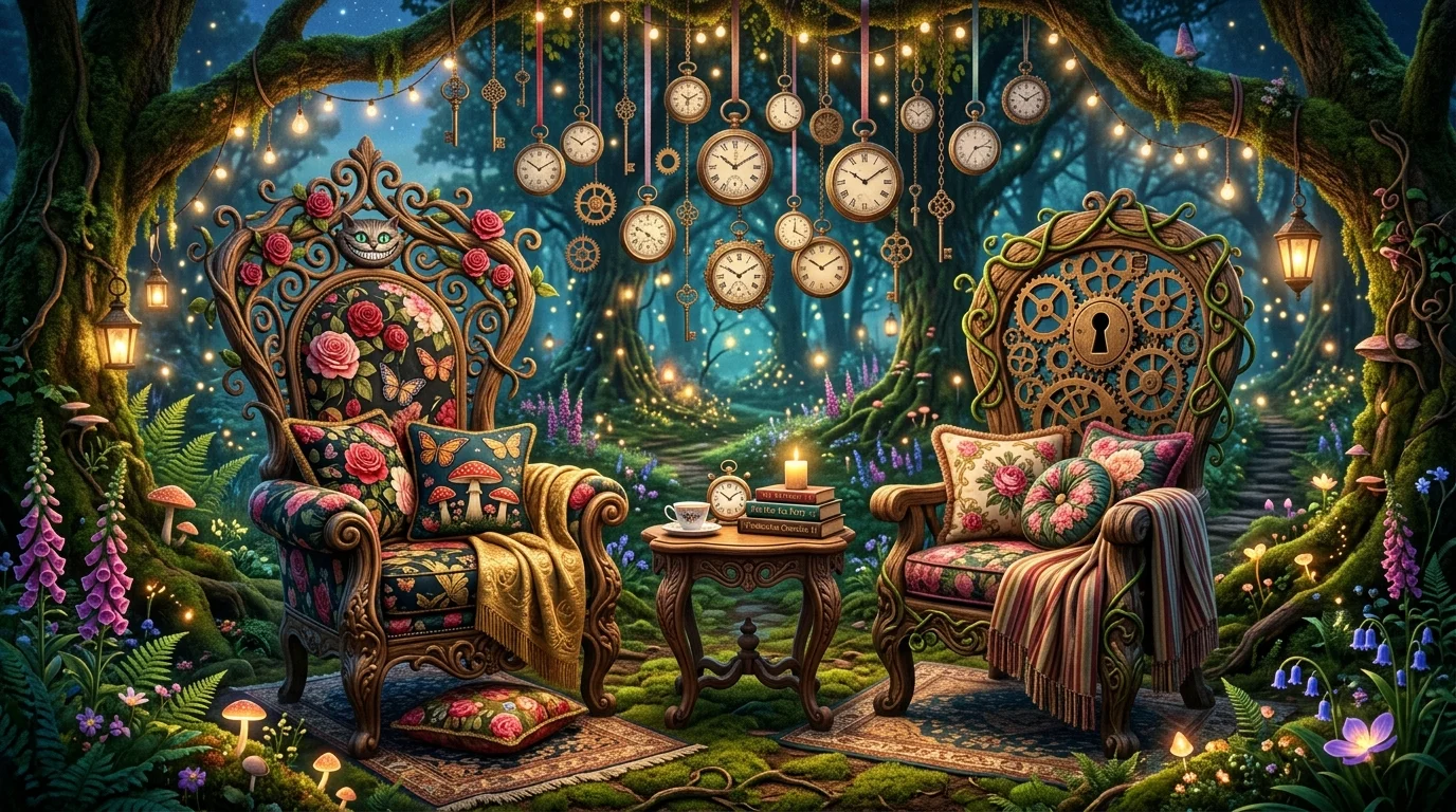 A Wonderland-inspired chair setup with oversized decorative chairs, floral cushions, hanging clocks, and surreal proportions, enchanted forest setting, warm magical glow, wide shot, no people