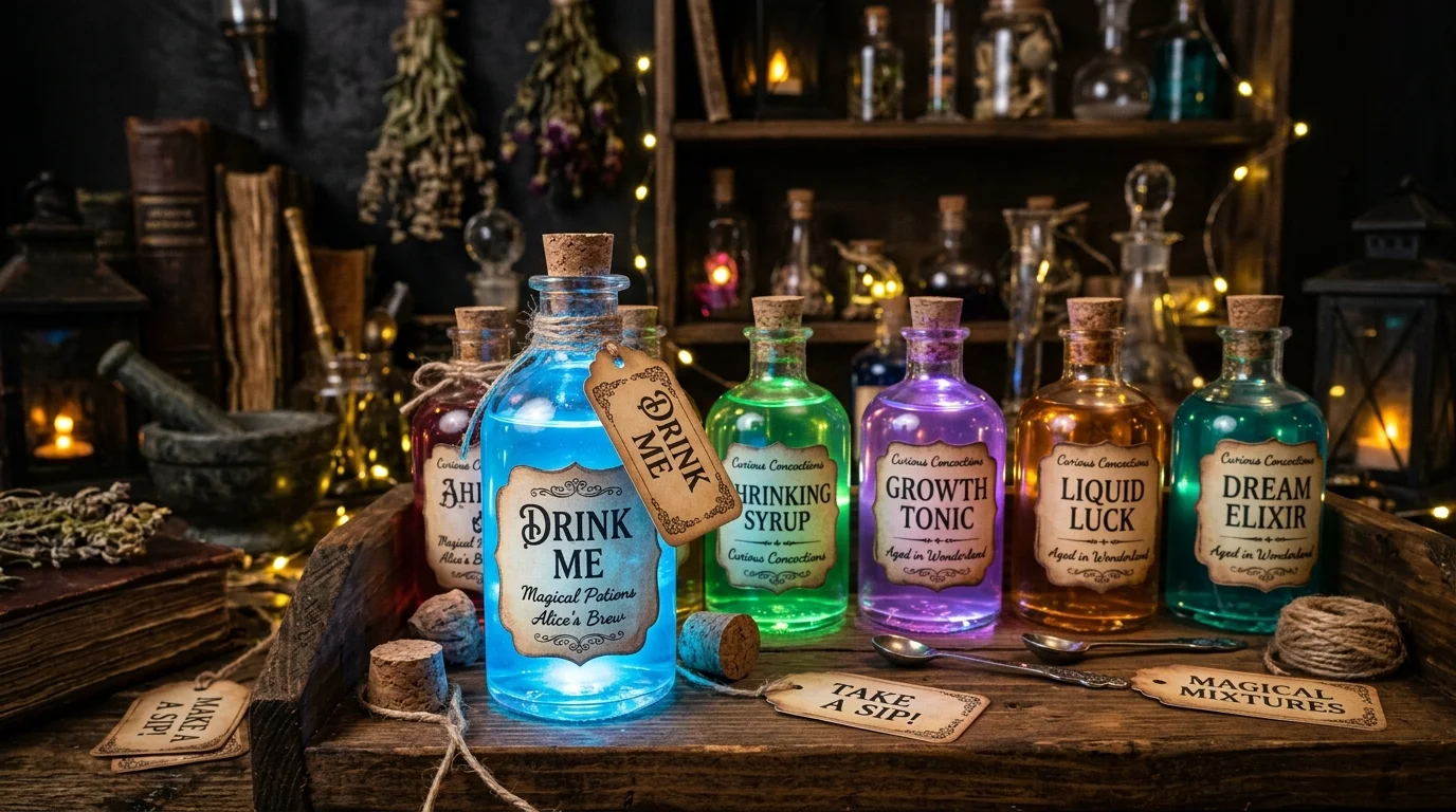 A DIY “Drink Me” potion station with glass bottles filled with colorful liquids, labeled tags, glowing LED accents, mystical laboratory aesthetic, dark moody lighting, close-up shot, no people
