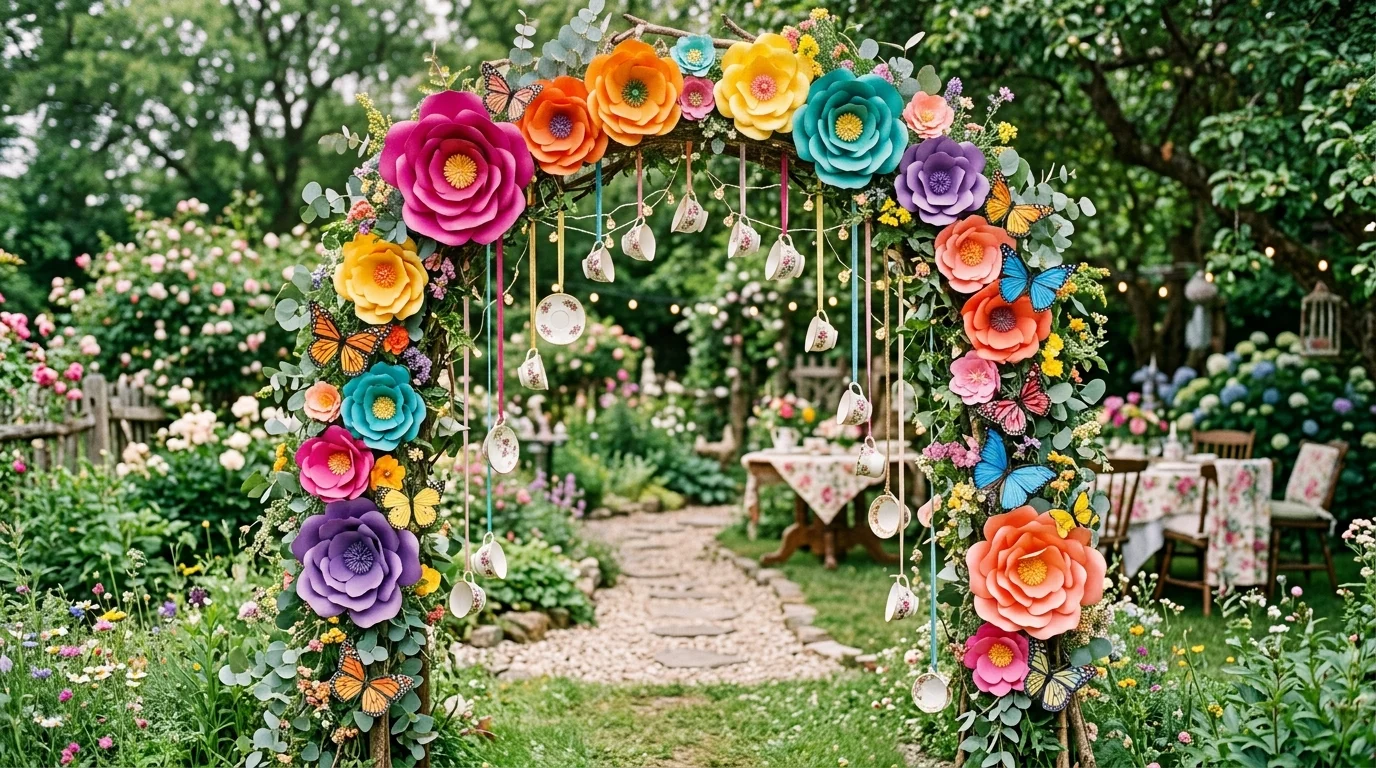 A whimsical floral archway with oversized paper flowers in vibrant colors, butterflies, and hanging teacups, dreamy garden party vibe, soft daylight, front-facing composition, no people