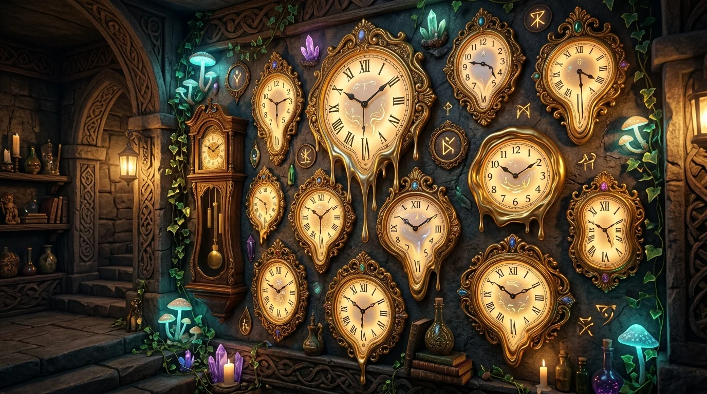 A surreal clock wall installation with melting-style clocks and gold frames, fantasy-inspired decor, soft glowing ambient light, artistic composition, no people