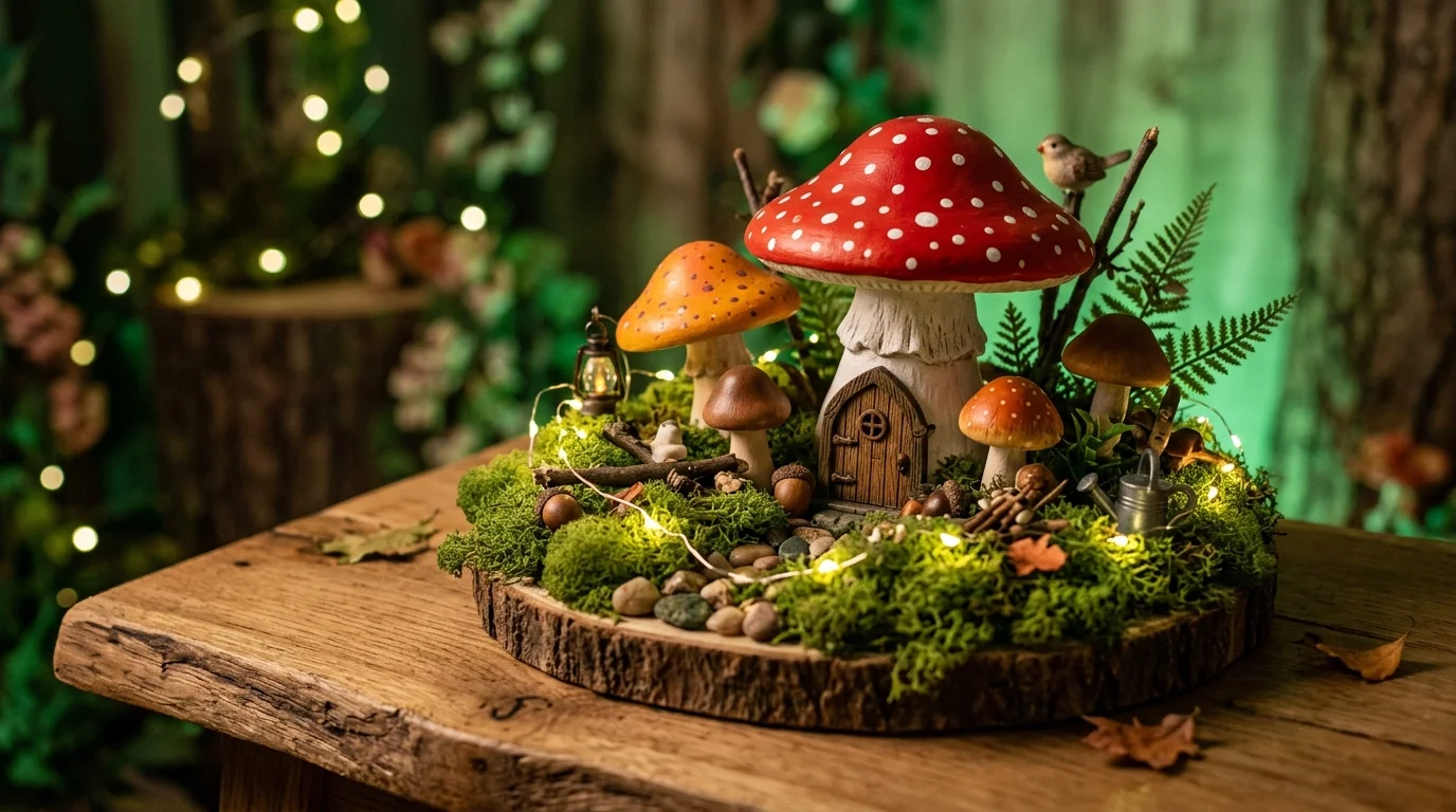 A DIY mushroom forest centerpiece with painted oversized mushrooms, moss, fairy lights, and miniature props, enchanted woodland theme, soft green lighting, close-up angled shot, no people
