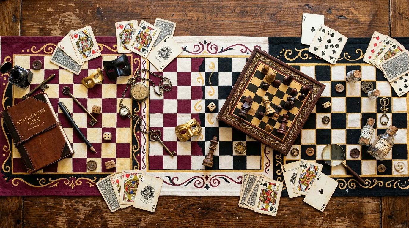 A whimsical table runner featuring hand-painted chessboard patterns, scattered playing cards, and vintage props, bold contrast colors, theatrical styling, top-down view, no people
