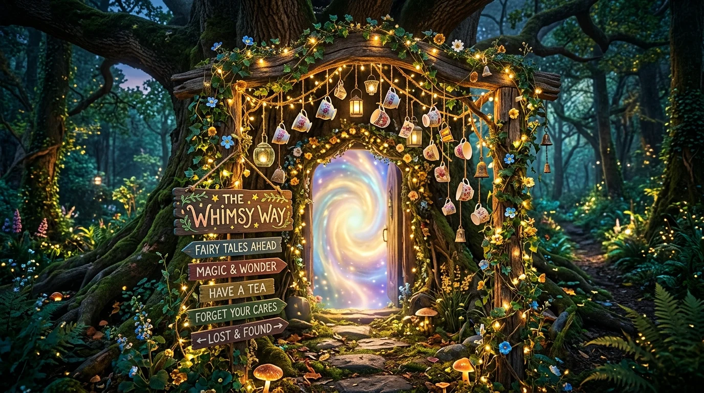 A magical doorway frame decorated with vines, fairy lights, hanging teacups, and whimsical signage, fantasy entrance effect, glowing warm lighting, wide-angle shot, no people