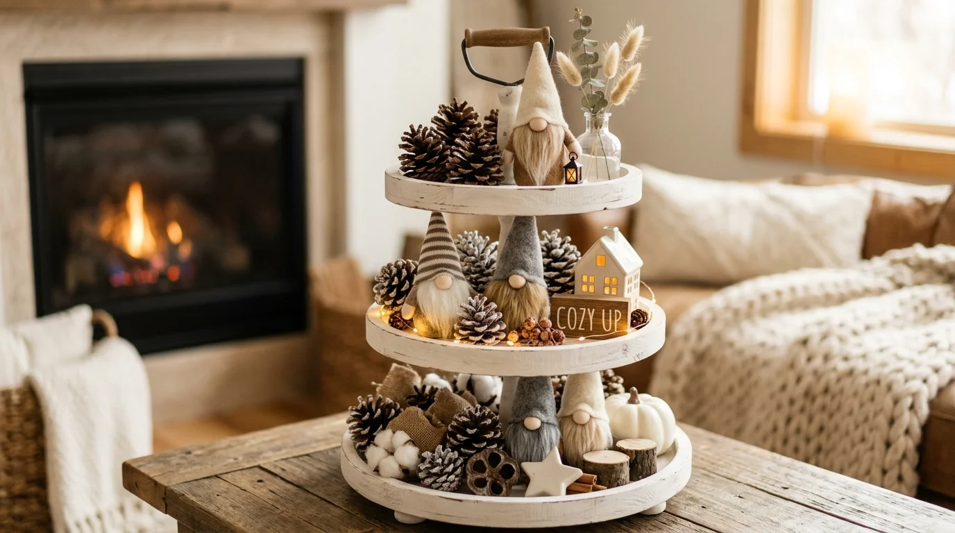 A tiered tray display with mini gnomes pinecones and neutral decor arranged neatly warm soft lighting charming whimsical styling no people