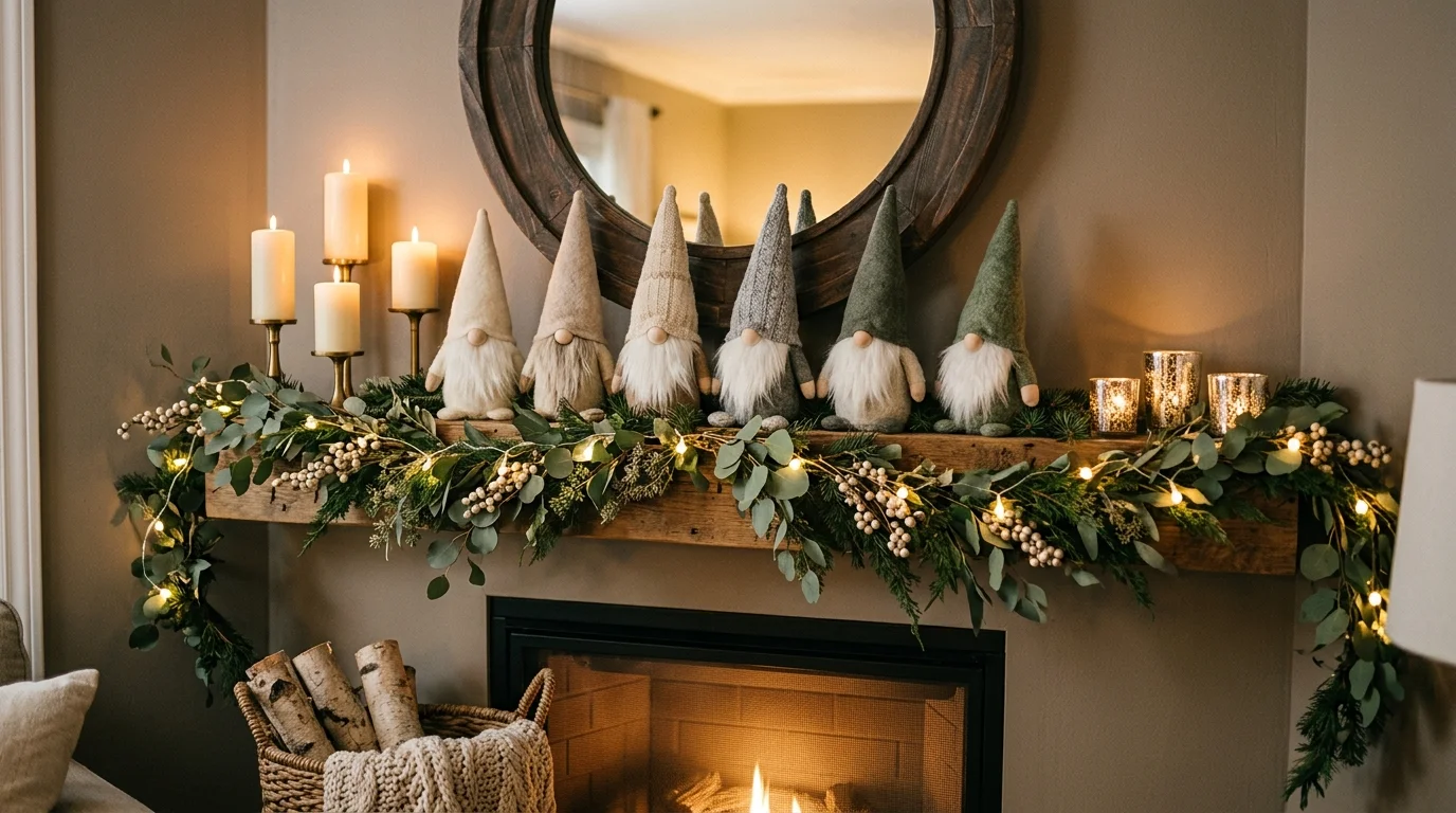 A mantel decorated with a row of gnome figurines in soft neutral tones paired with candles and greenery warm ambient lighting cozy playful vibe no people