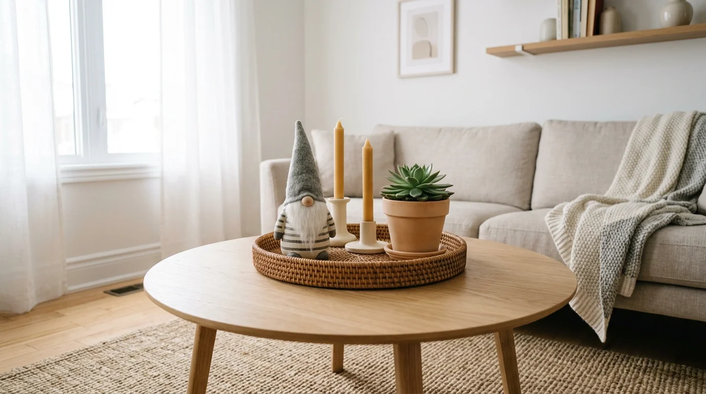 A coffee table styled with a tray holding a gnome figure candles and a small plant soft natural lighting simple Scandinavian decor no people