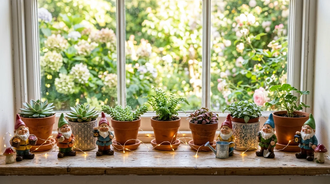 A window sill decorated with gnome figurines small potted plants and soft fairy lights bright natural daylight cheerful whimsical display no people