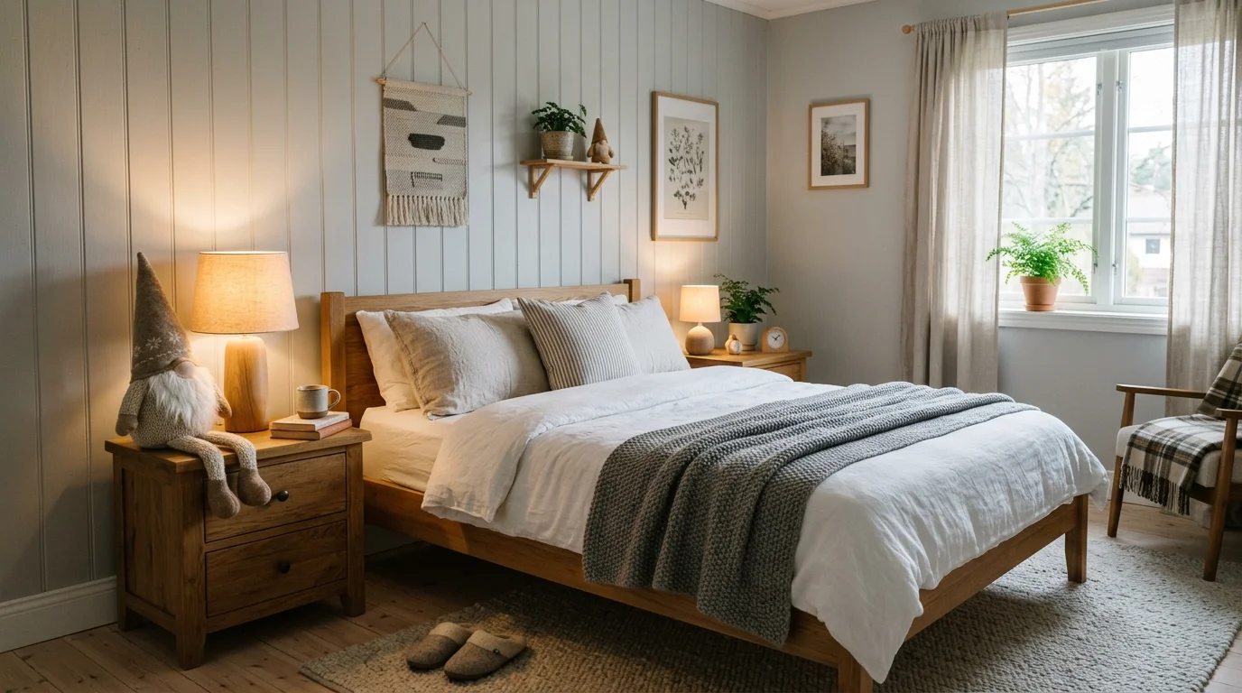 A bedroom with subtle gnome accents including a plush gnome on a nightstand alongside a lamp soft warm lighting cozy Scandinavian charm no people