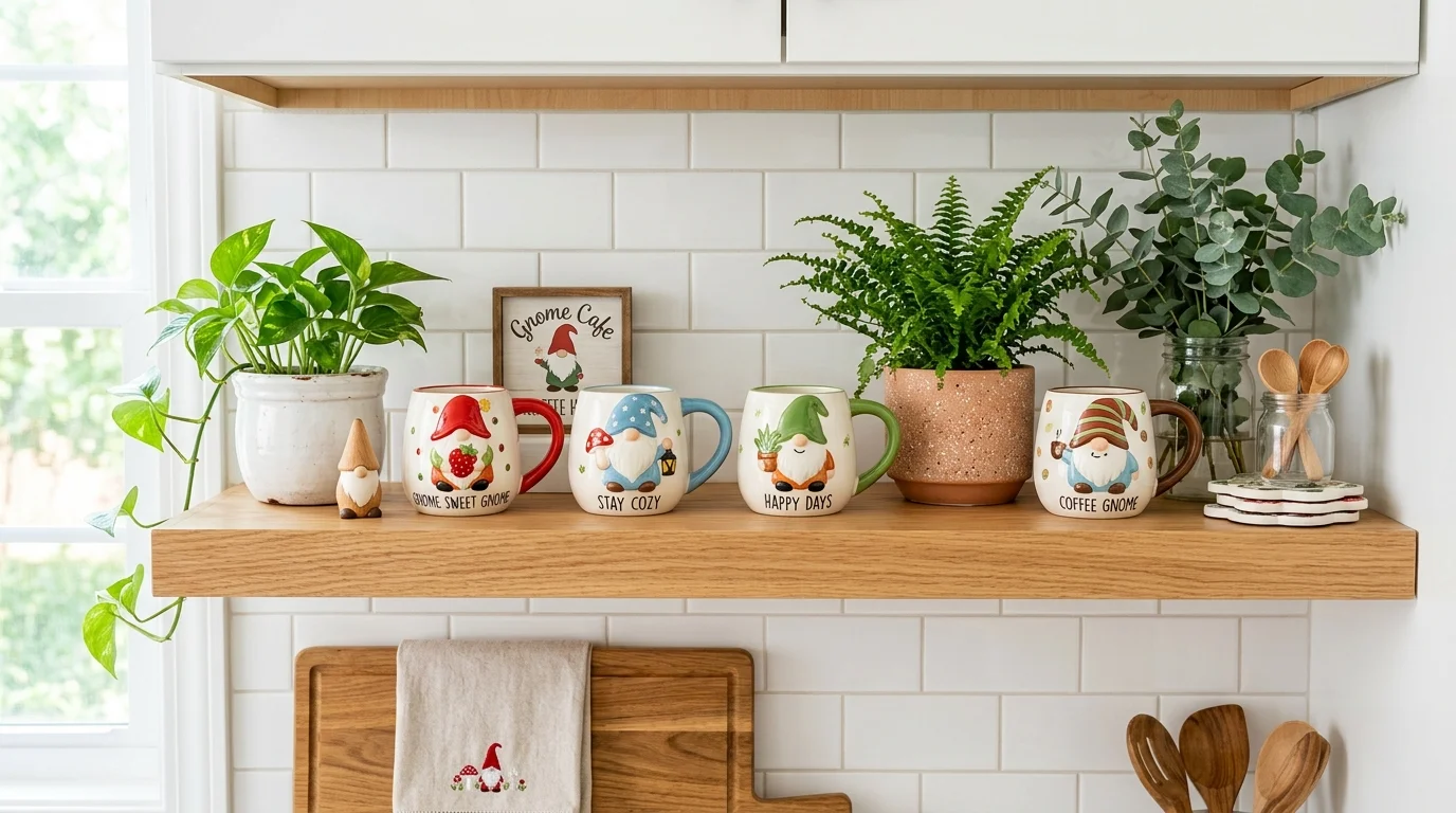 A kitchen shelf styled with gnome decor mugs and simple greenery bright lighting clean playful design no people