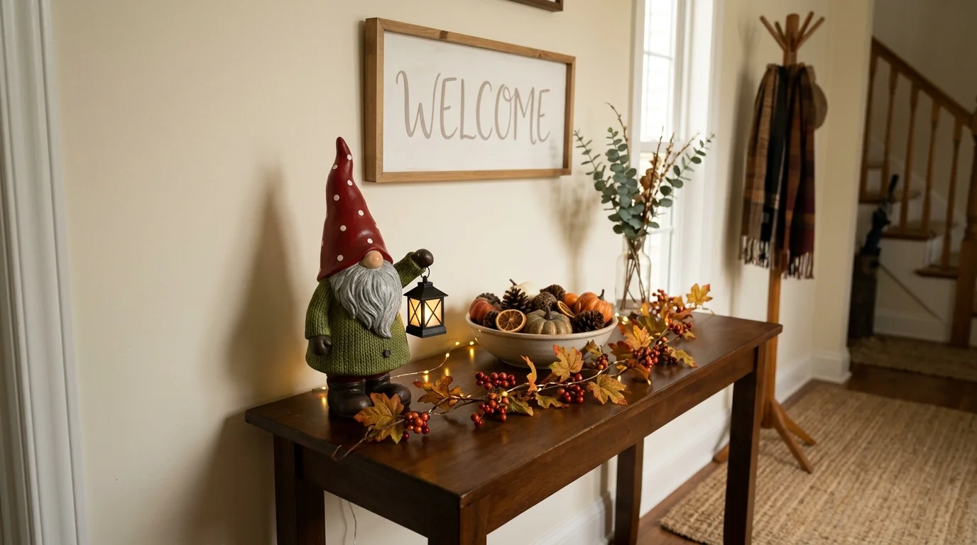 A front entryway table decorated with a gnome figurine lantern and seasonal decor soft lighting welcoming whimsical touch no people