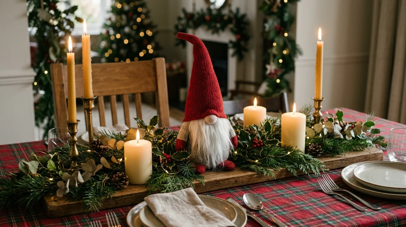 A dining table centerpiece featuring a gnome figure surrounded by candles and greenery soft lighting cozy festive setting no people