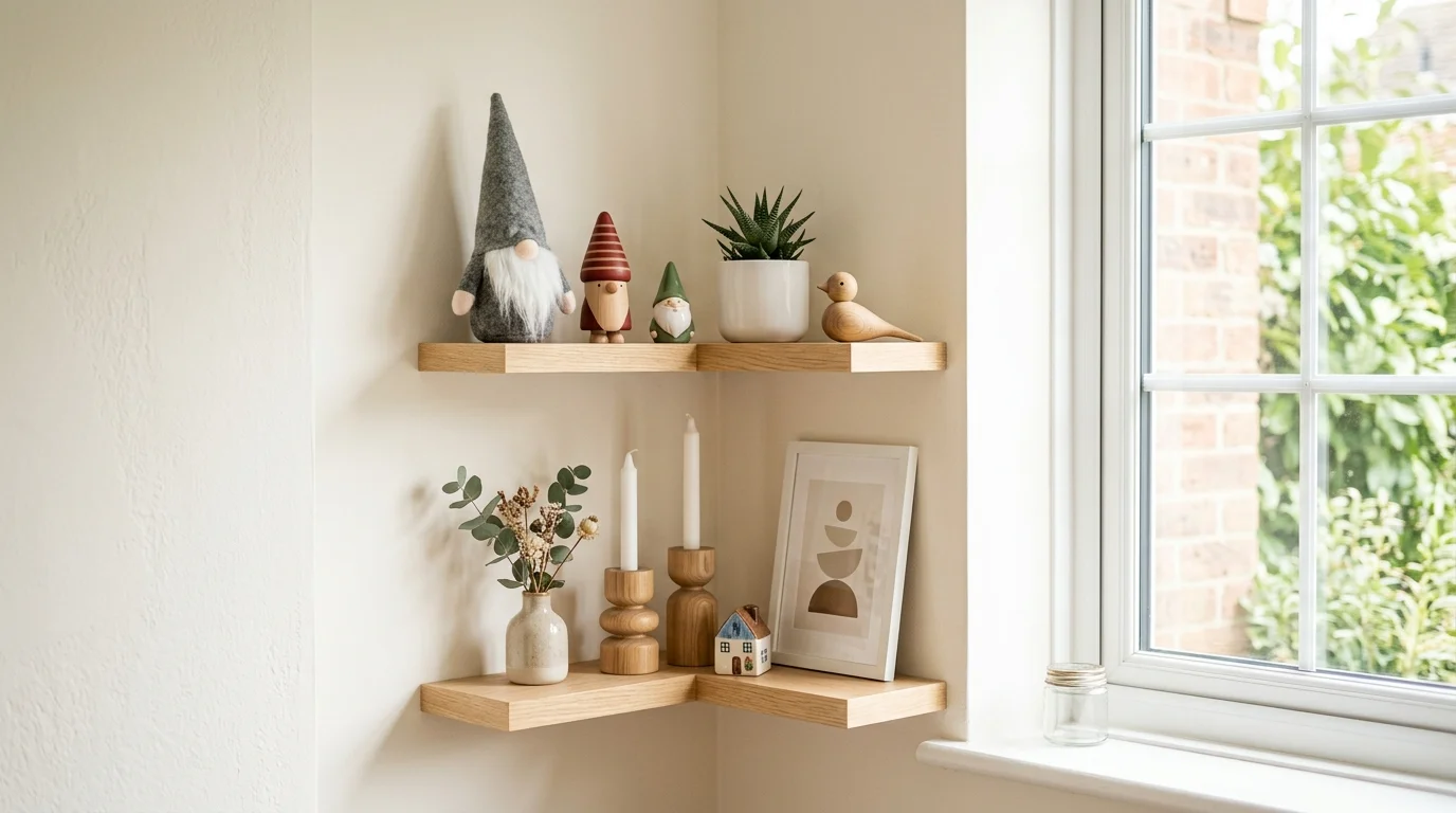 A small corner shelf with gnome decor and minimal Scandinavian accessories bright natural lighting simple playful arrangement no people