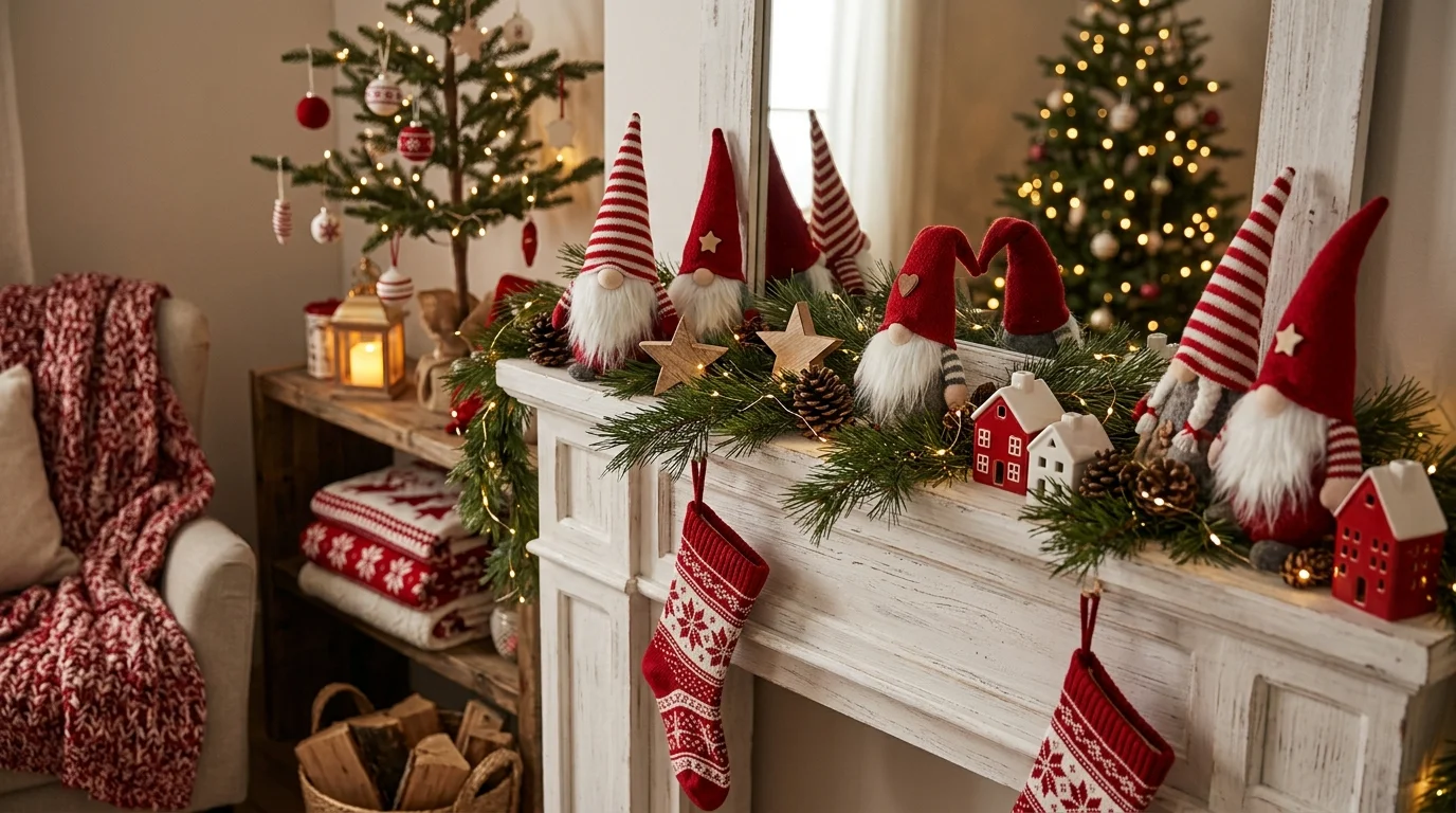 A holiday themed setup with gnome decorations in red and white tones paired with warm lights cozy seasonal Scandinavian aesthetic no people