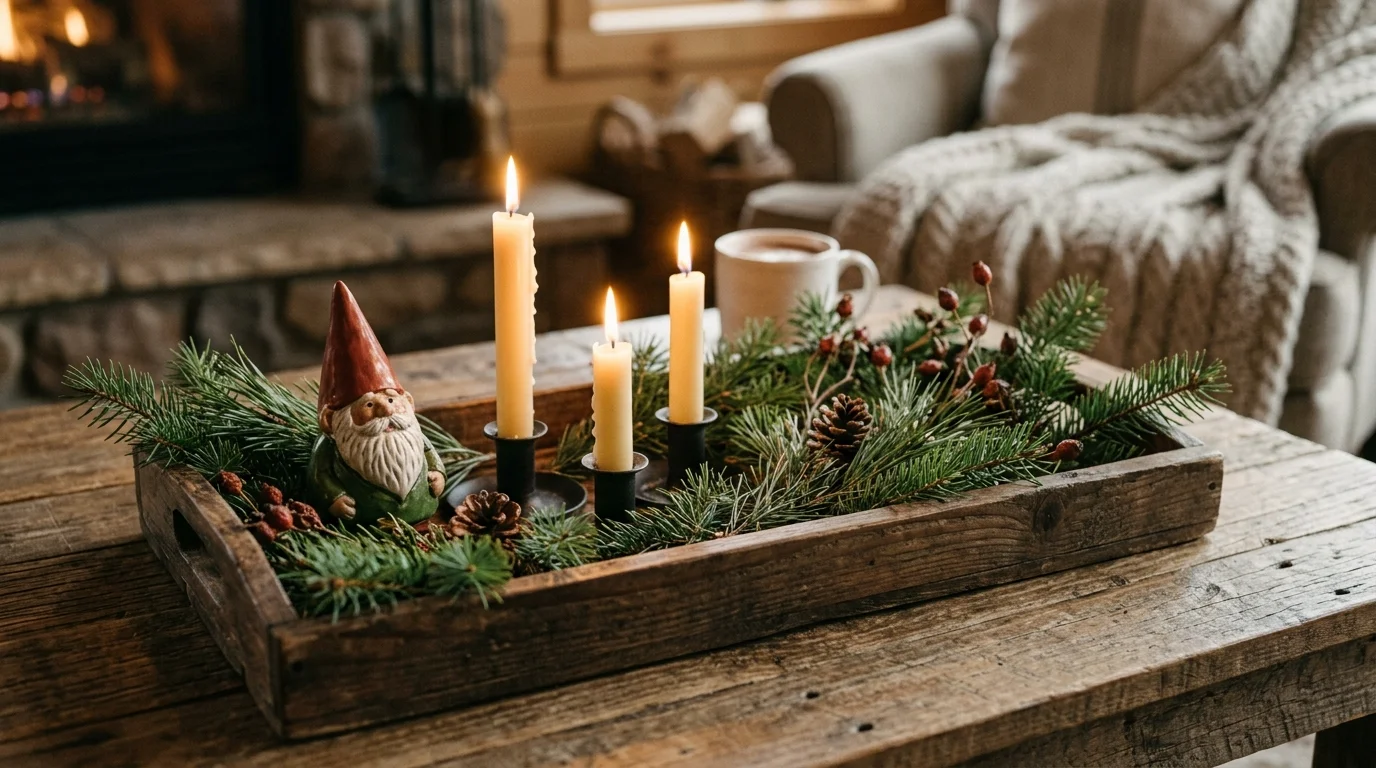 A rustic wooden tray with a gnome figurine candles and pine branches arranged neatly warm soft lighting charming whimsical decor no people